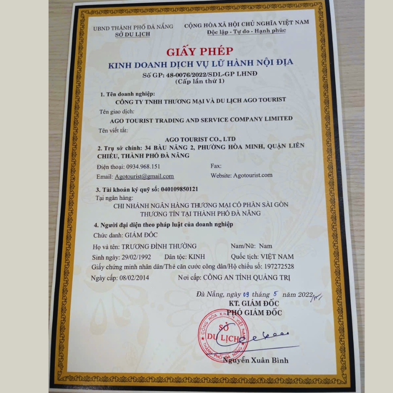 Giấy phép đăng ký kinh doanh dịch vụ lữ hành của AGO Tourist