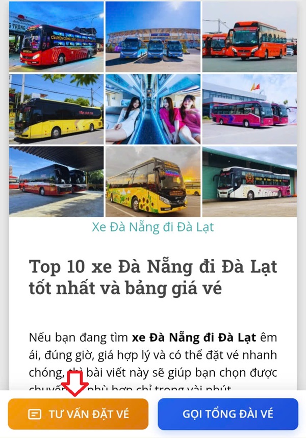 Bước 1: Bạn click vào nút TƯ VẤN ĐẶT VÉ trên màn hình để hiện Form điền thông tin đặt vé xe Đà Nẵng đi Đà Lạt