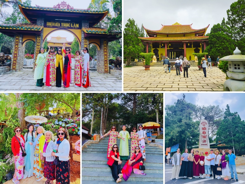 Cô chú tham quan Thiền viện Trúc Lâm trong tour Đà Lạt dành cho người lớn tuổi