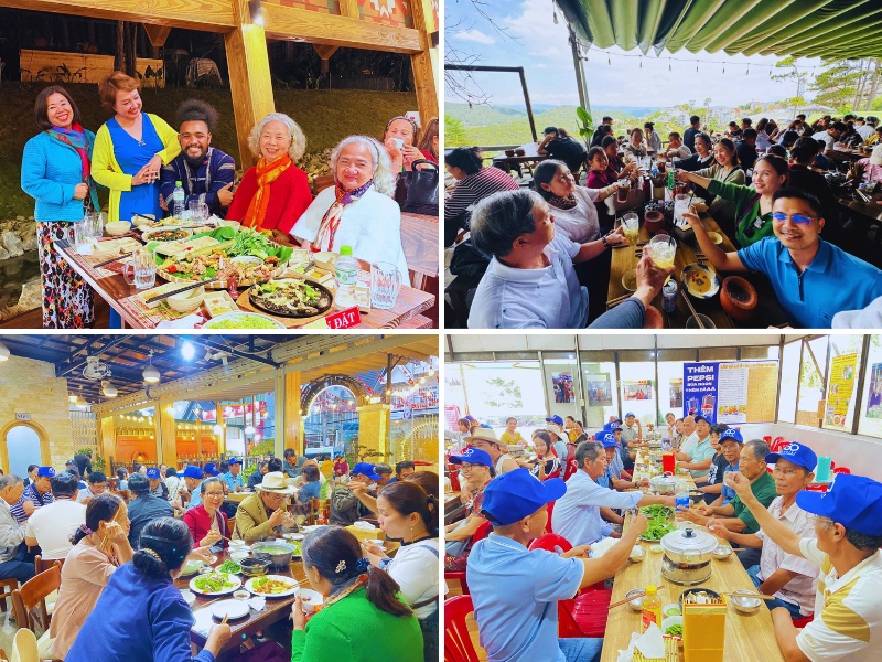 Đoàn khách lớn tuổi thưởng thức bữa ăn trong tour Đà Lạt của AGO Tourist
