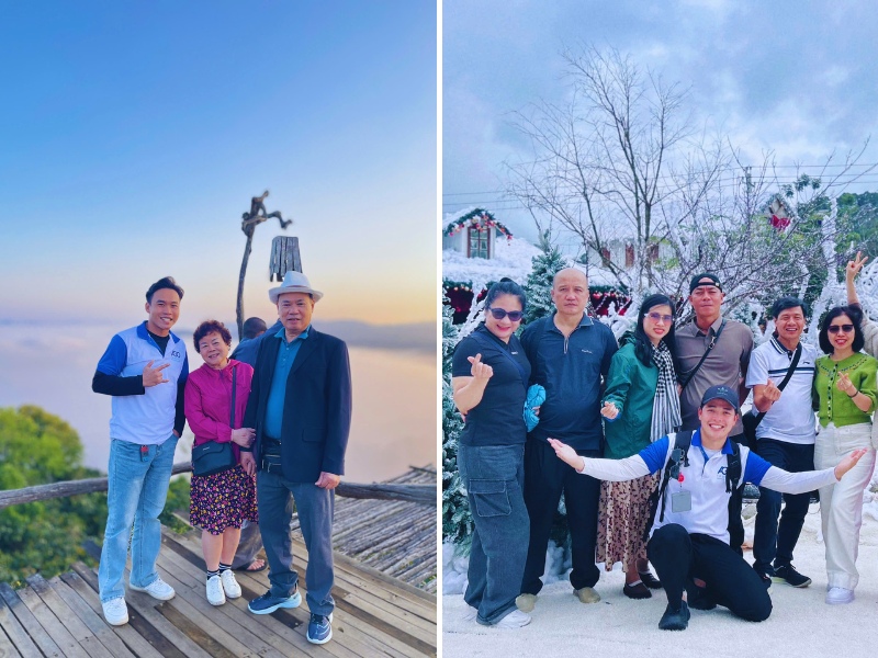 Hướng dẫn viên đồng hành cùng cô chú lớn tuổi trong tour