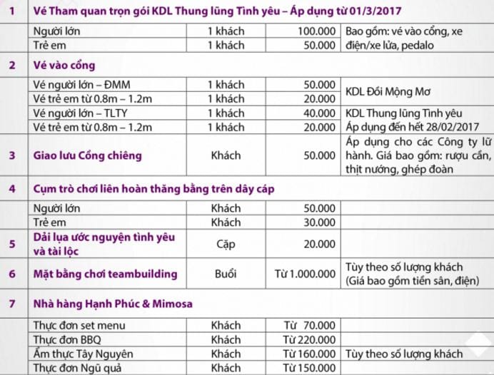 Giá vé tham quan Thung lũng tình yêu Đà Lạt Giá vé tham quan Thung lũng tình yêu Đà Lạt