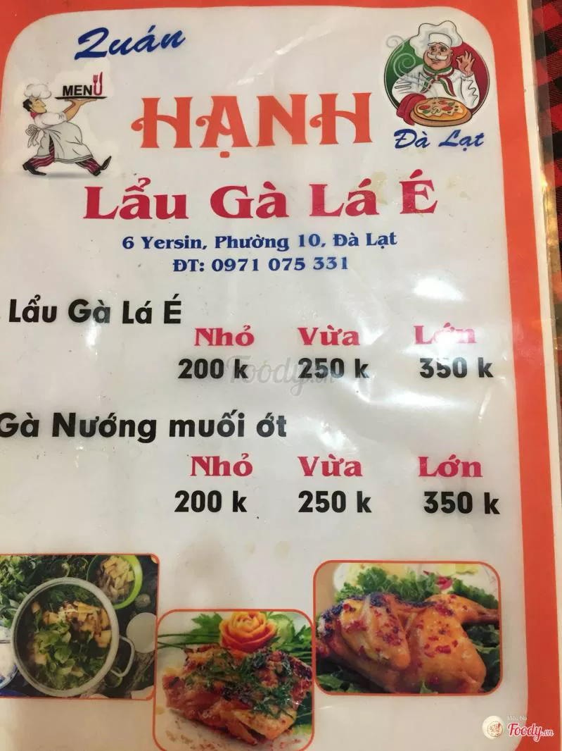 Menu của quán lẩu gà lá é Hạnh Đà Lạt Menu của quán lẩu gà lá é Hạnh ở Đà Lạt