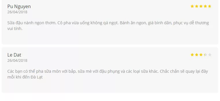 đánh giá đến quán sữa đậu nành cô Lan Một vài đánh giá của thực khách khi đến quán sữa đậu nành cô Lan ở Đà Lạt