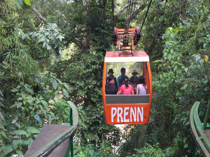 Crossing the waterfall by cable at Prenn waterfall, Dalat - Pongour waterfall tour