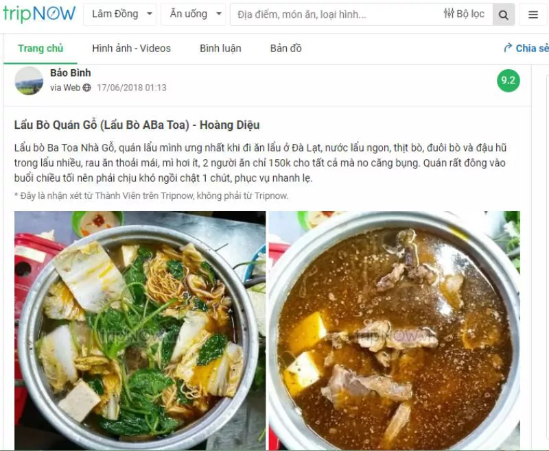 Đánh giá của du khách về quán lẩu bò Ba Toa ở Đà Lạt Đánh giá của du khách về quán lẩu bò Ba Toa ở Đà Lạt