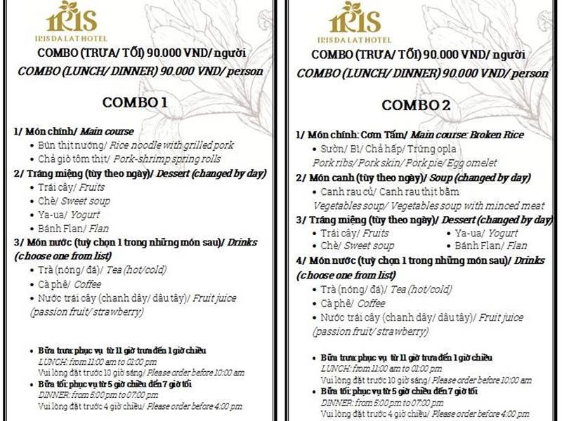 Iris Đà Lạt - khách sạn 3 sao menu Iris Đà Lạt - khách sạn 3 sao