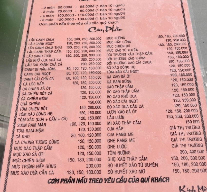 Menu quán cơm gia đình Dung 65