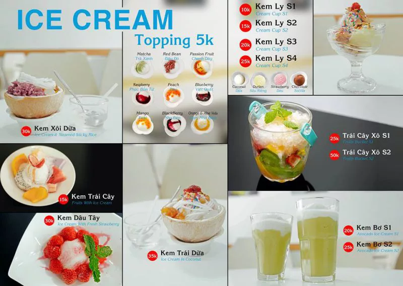 Menu quán kem bơ Phụng Đà Lạt Menu quán kem bơ Phụng ở Đà Lạt