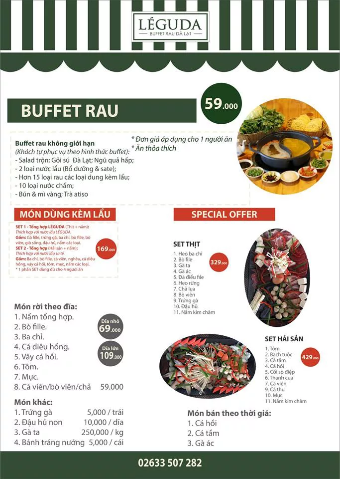 Thực đơn nhàng hàng buffet lẩu rau Leguda Đà Lạt Thực đơn buffet lẩu rau tại nhà hàng LÉGUDA Đà Lạt