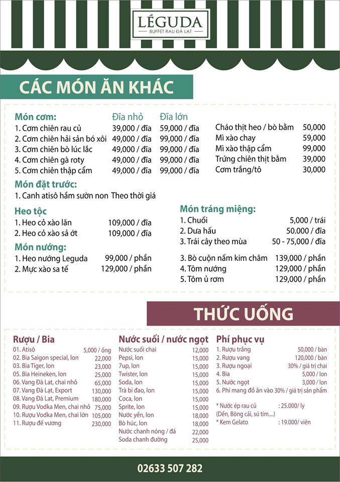 thực đơn ở nhà hàng buffet rau Leguda Đà Lạt