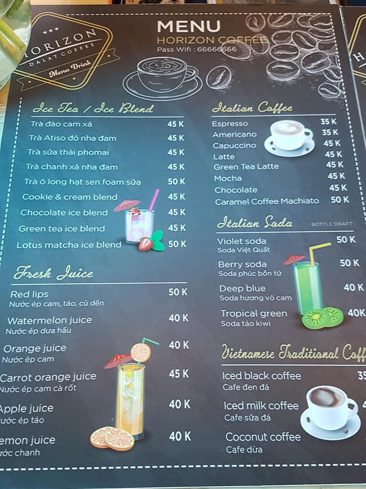 Menu tại Horizon coffee