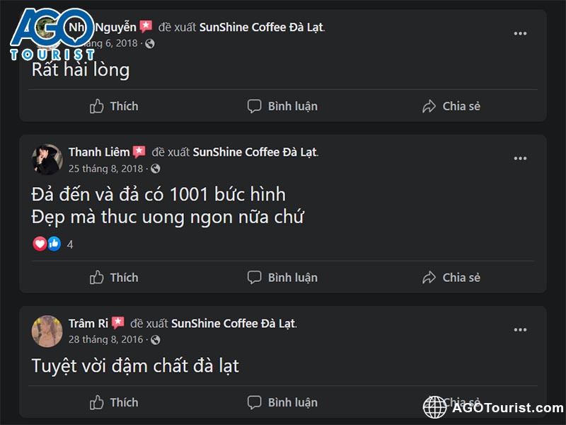 Đánh giá của khách hàng trên Facebook Sunshine Coffee Đà Lạt